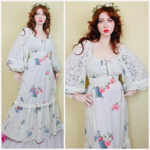 1970s Vintage Floral Prairie Dress / 70s Romantic Lace Balloon Maxi Medium